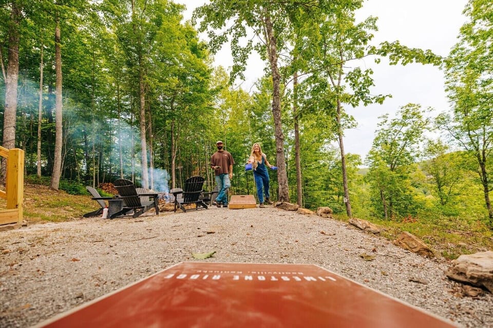 Spend the afternoon playing cornhole, laughing with friends, and enjoying the wooded outdoor gathering space