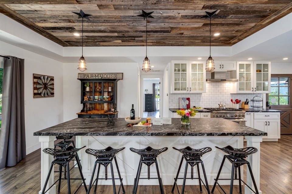 Kitchen with large island, perfect for cooking with your group or bringing in a personal chef. Ask us for our recommendations!