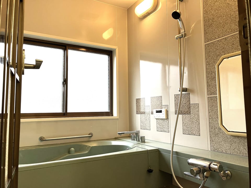 Combined shower/tub, bidet, towels, soap