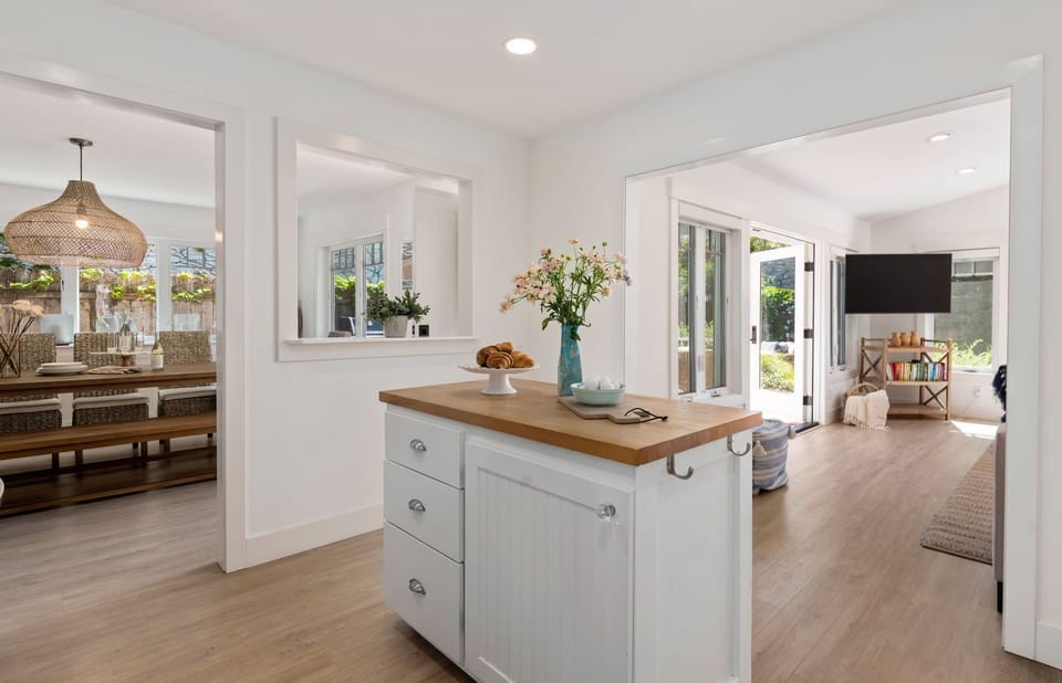 The modest kitchen island is the perfect prep zone