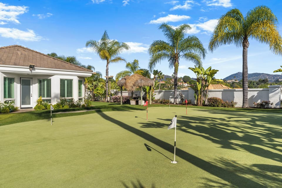 Private putting green surrounded by palms and mountain views — a fun, sun‑soaked Temecula backyard escape.