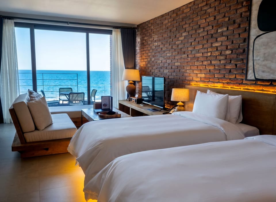 Twin Room, 2 Double Beds | In-room safe, blackout drapes, bed sheets