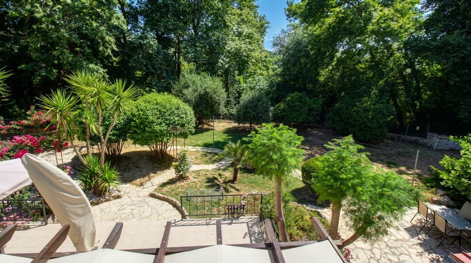 View of the gardens from the roof.
