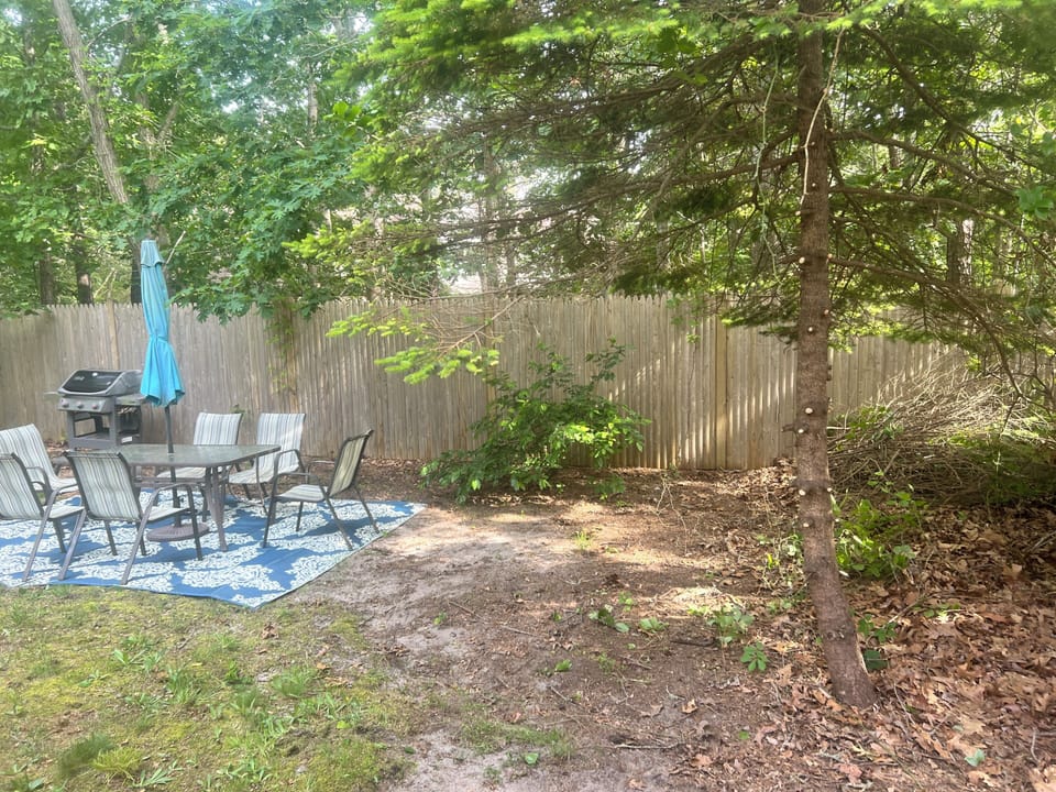 Your private backyard oasis awaits with shaded dining under mature trees, BBQ ready for grilling, and peaceful garden setting.