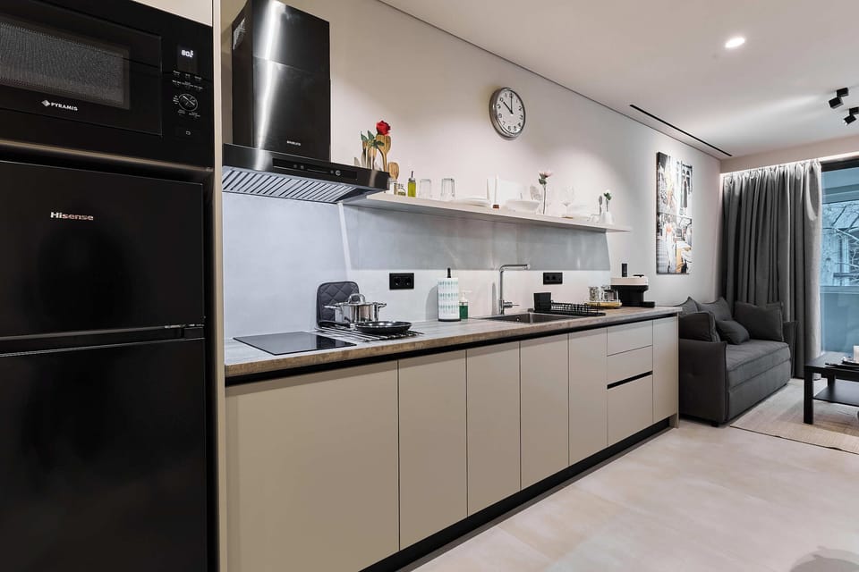 Mini-fridge, cookware/dishes/utensils