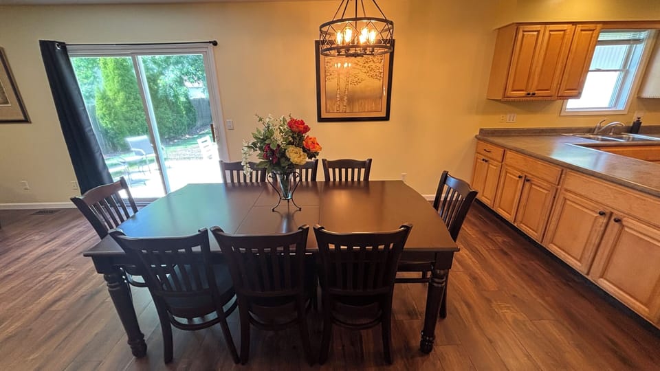 Dining area with patio in background