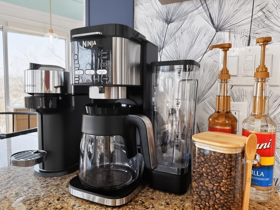 Nespresso, Ninja, coffee beans/grinder, flavoring, warming milk frother, and tea