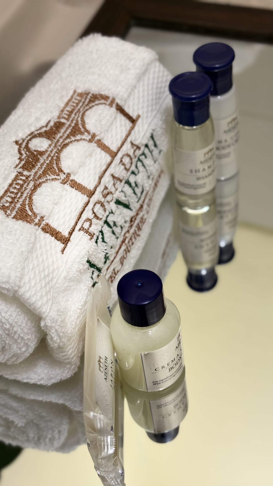 Shower, towels, soap, shampoo