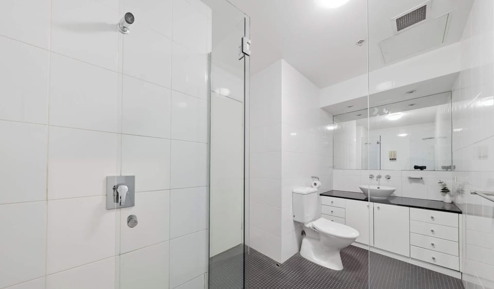 Clean bathroom with glass shower