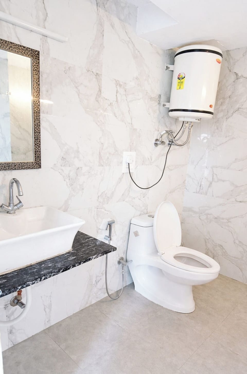 Shower, rainfall showerhead, slippers, bidet