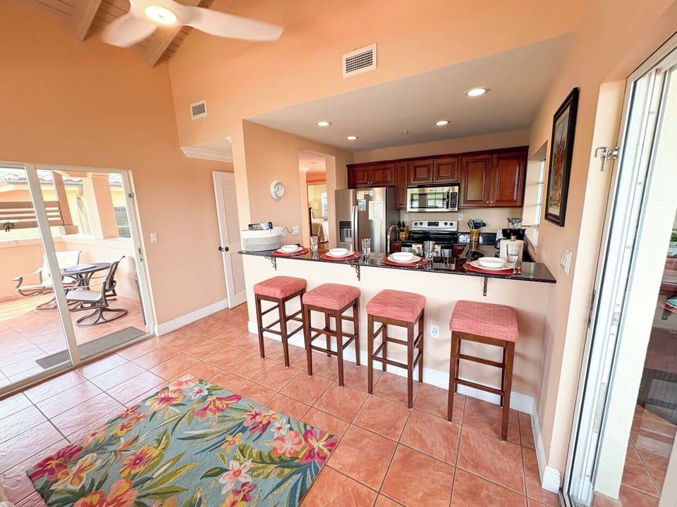 The living area looking into the kitchen