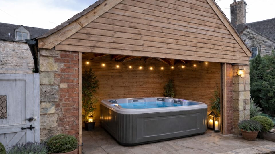 The hydrotherapy hot tub enclosure offers warmth under open skies, while firelight and stone walls create a uniquely intimate atmosphere.