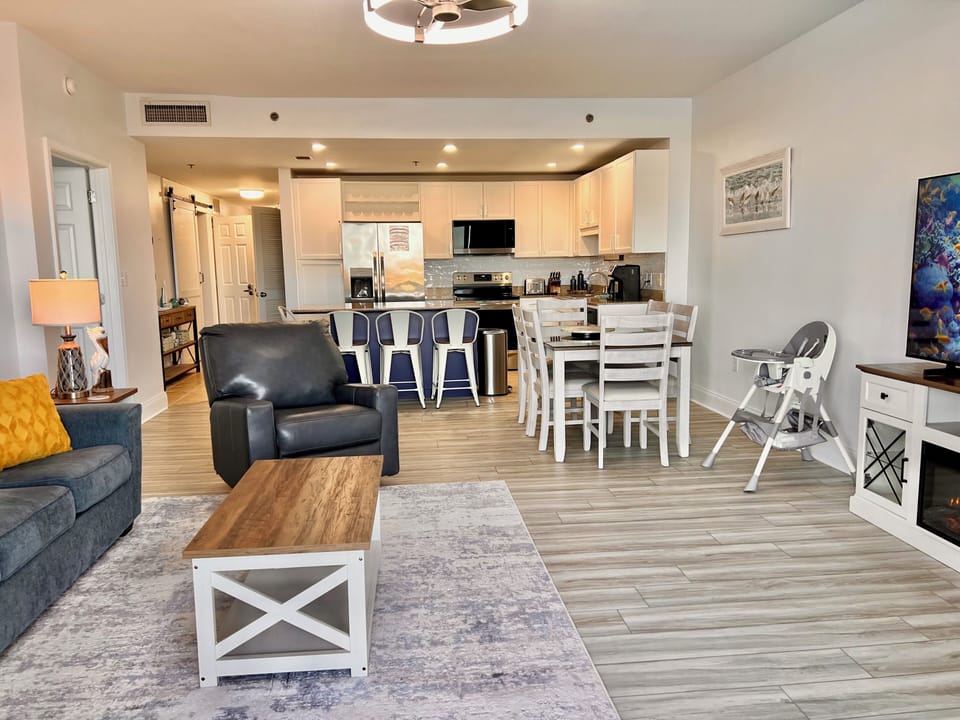 Dining set, bar stools, and a high chair for little ones