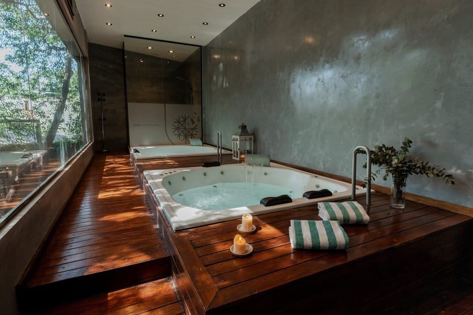 Soak in sunlit whirlpools and let stress melt away.