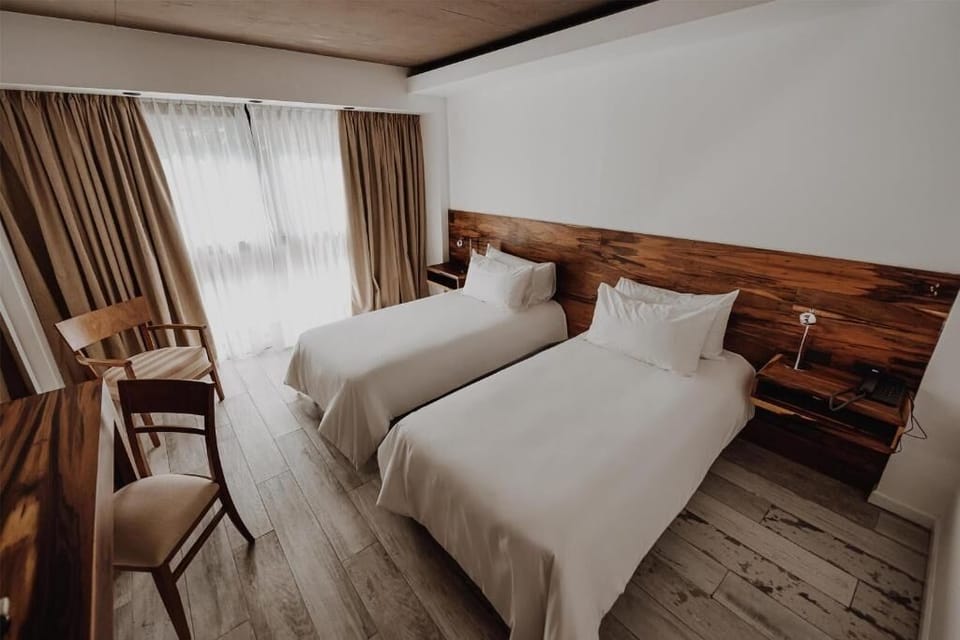 Unwind in crisp twin beds beside soft daylight.