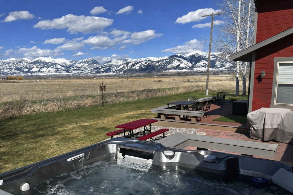 Amazing view from the hot tub looking out towards the Bridger Mountain Range!