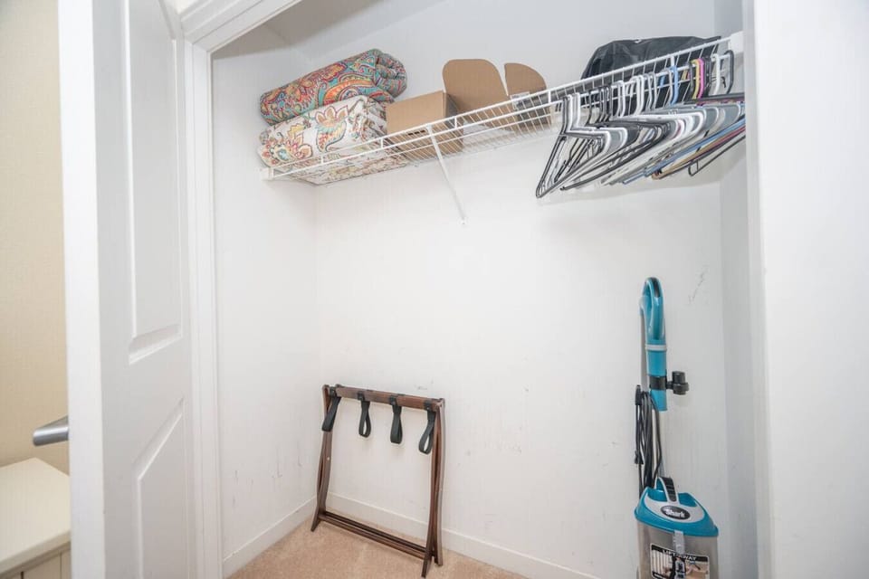 Ample storage with closet space, hangers, and room for luggage—making longer stays easy and organized.