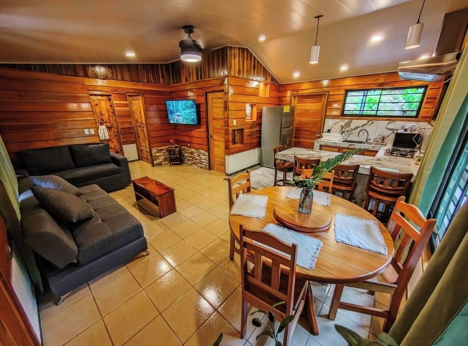 Panoramic view of living area of cabin