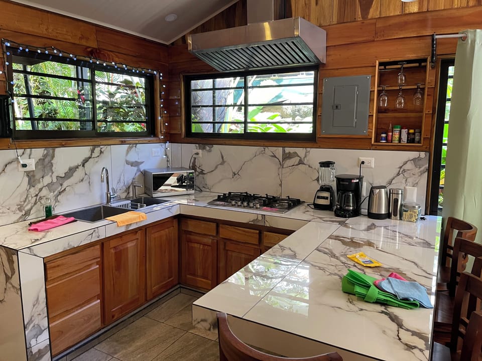 Kitchen with  gas stove, exhaust and appliances
