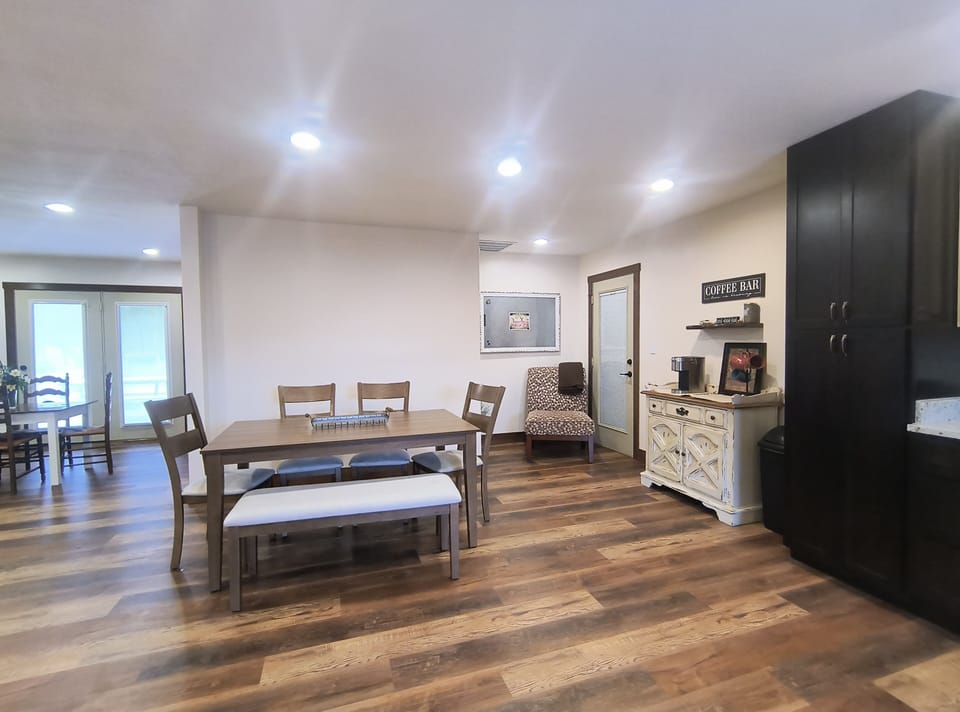 Dining table with seating for six. (Not pictured -- high chair)