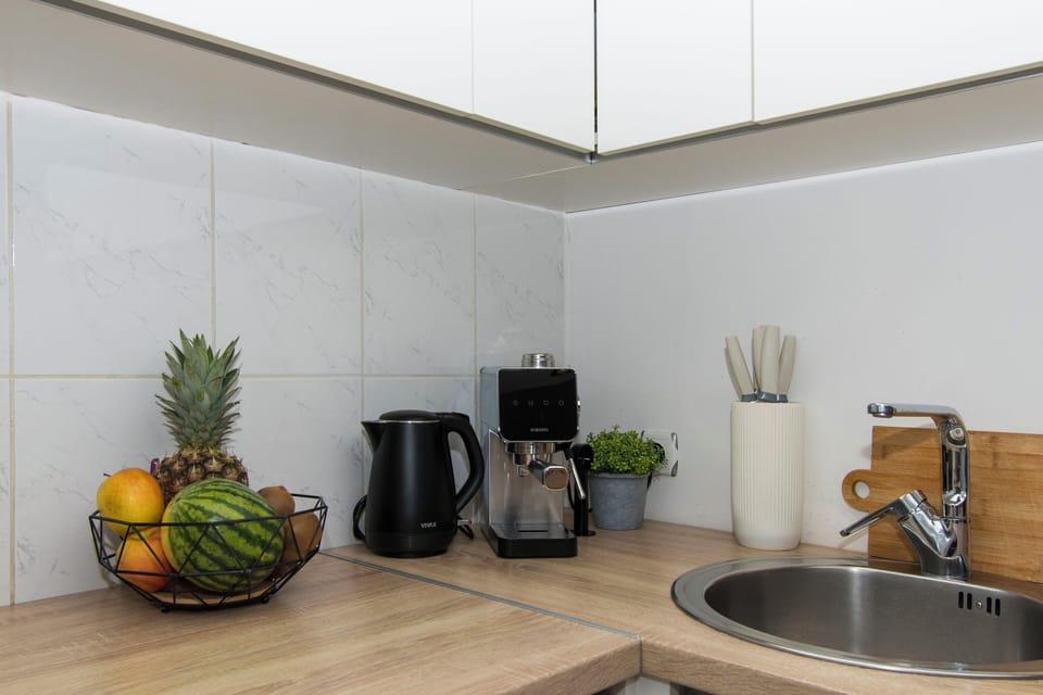 Apartment (A1) | Private kitchen | Fridge, microwave, oven, stovetop