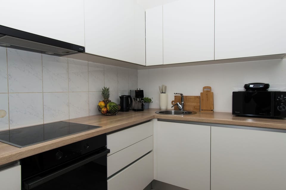 Apartment (A1) | Private kitchen | Fridge, microwave, oven, stovetop