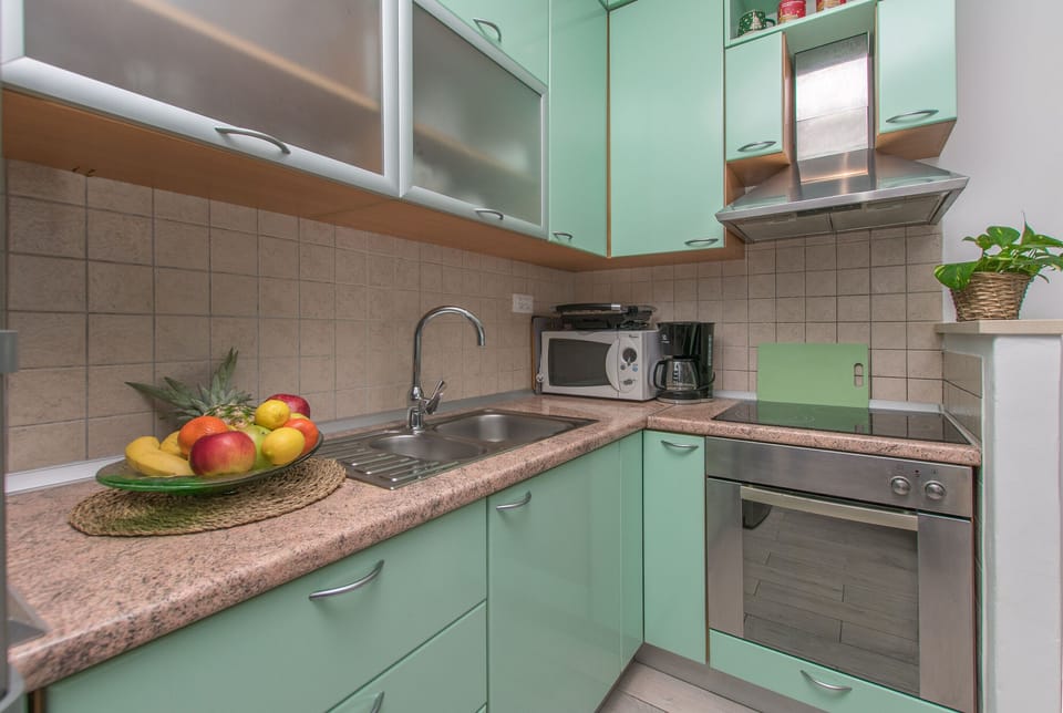 Apartment (A1) | Private kitchen | Fridge, microwave, oven, stovetop