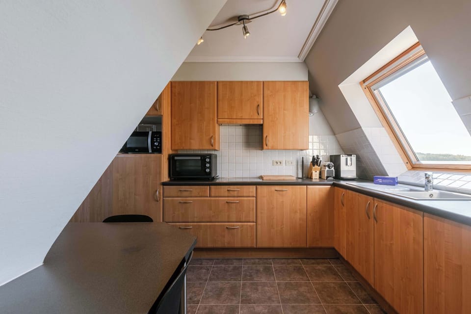 Compact kitchen with skylight — natural light for cooking.
