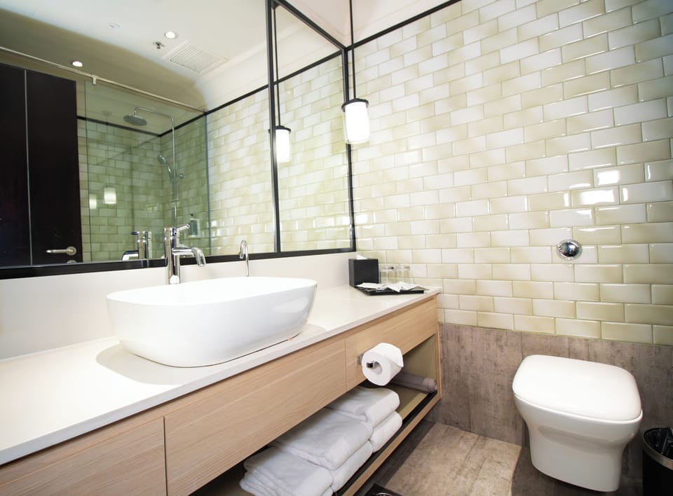 Shower, rainfall showerhead, free toiletries, hair dryer
