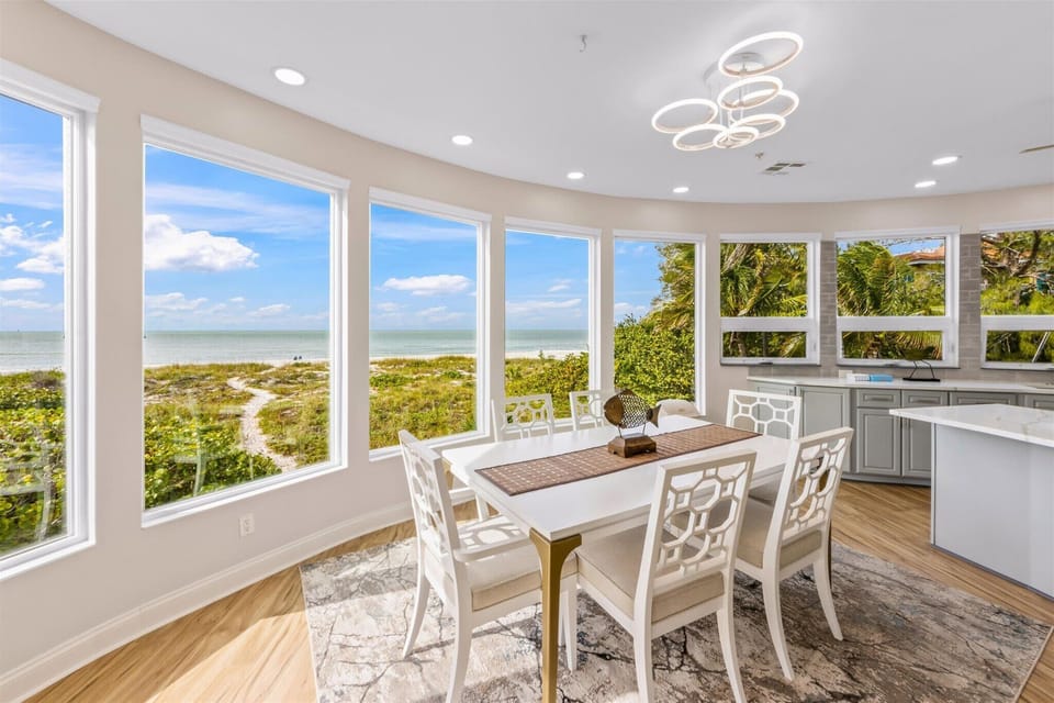 Open kitchen and dining with ocean views