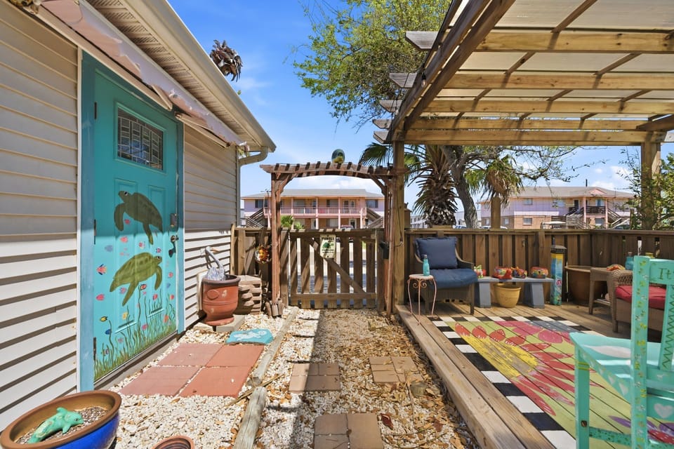 Backyard — Turquoise Sea Turtle Door, Arbor Gate & Covered Deck