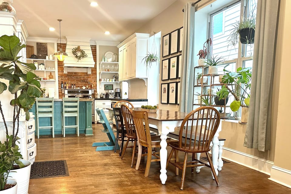 From living room into dining room and kitchen