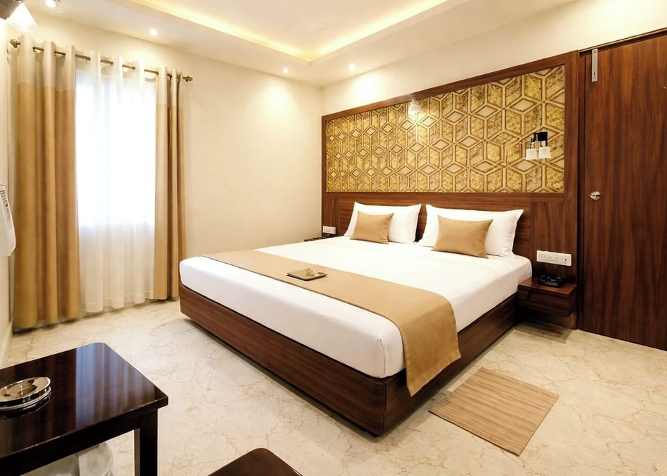 Premium bedding, desk, laptop workspace, soundproofing
