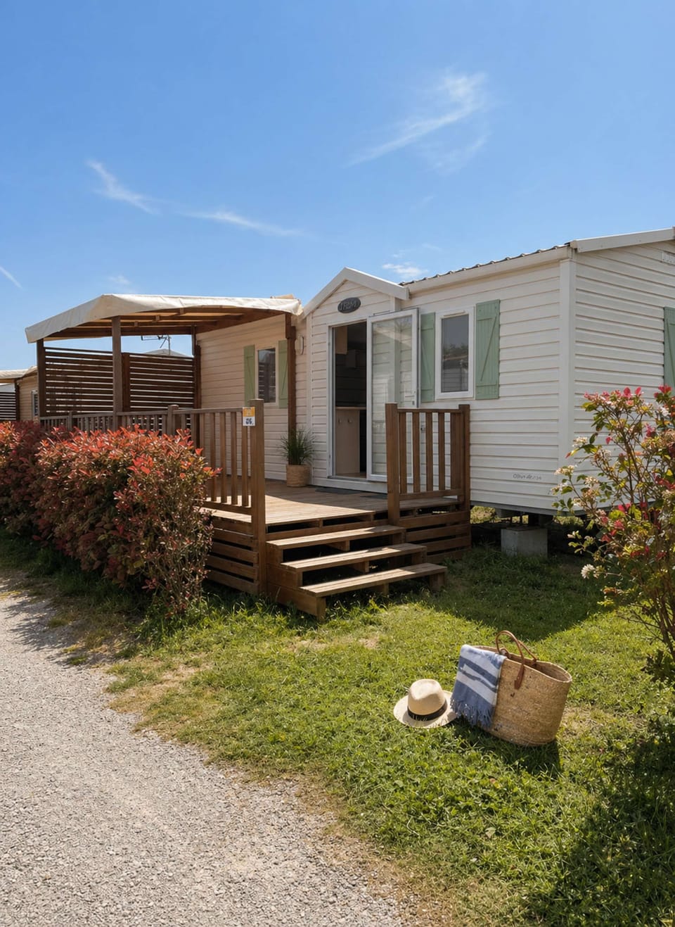 The gentle warmth of summer evenings and moments shared outdoors. Pleasant exterior of your mobile home — Sandilou.