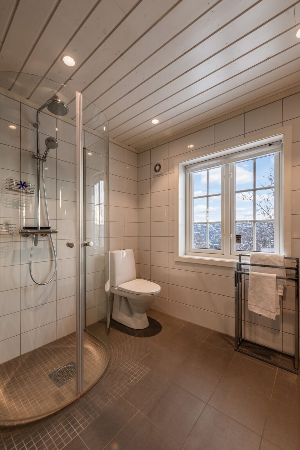 Clean, modern bathroom with a shower, toilet, and all essentials.