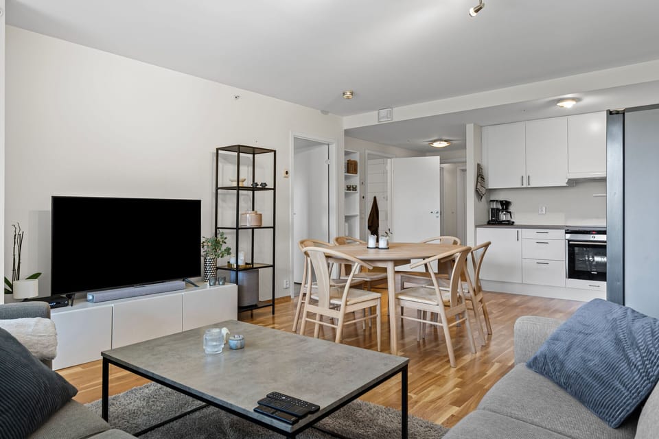 Open kitchen space with a dining area.