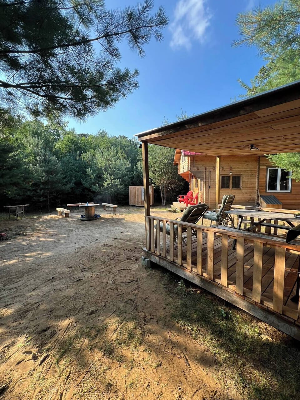 Morning coffee hits different out here. Your private gazebo sits nestled in the trees — perfect for slow mornings, card games, or golden hour drinks with your people.