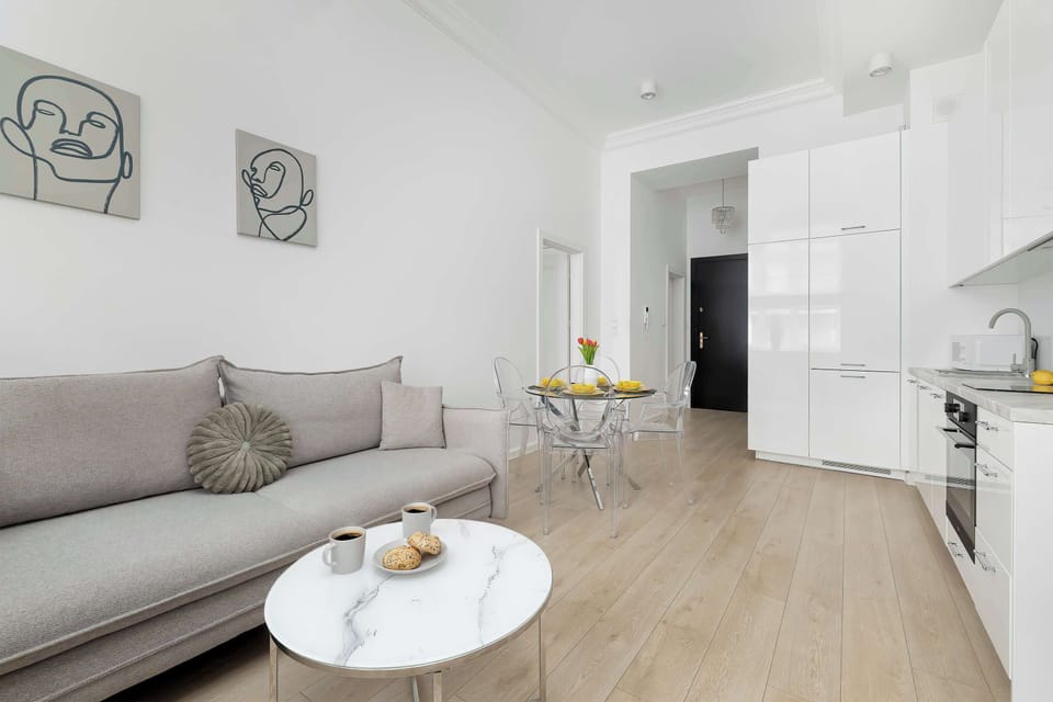A wide view of the entire open-plan apartment, looking from the living room towards the front door and kitchen. It features light wood floors and white walls, furnished with a grey fabric sofa.