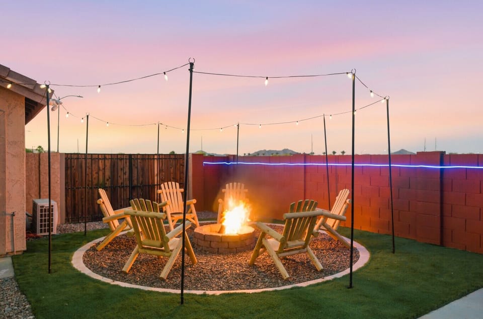 Evenings at Race & Recharge—fire pit, cozy seating, and unforgettable outdoor moments under the stars.