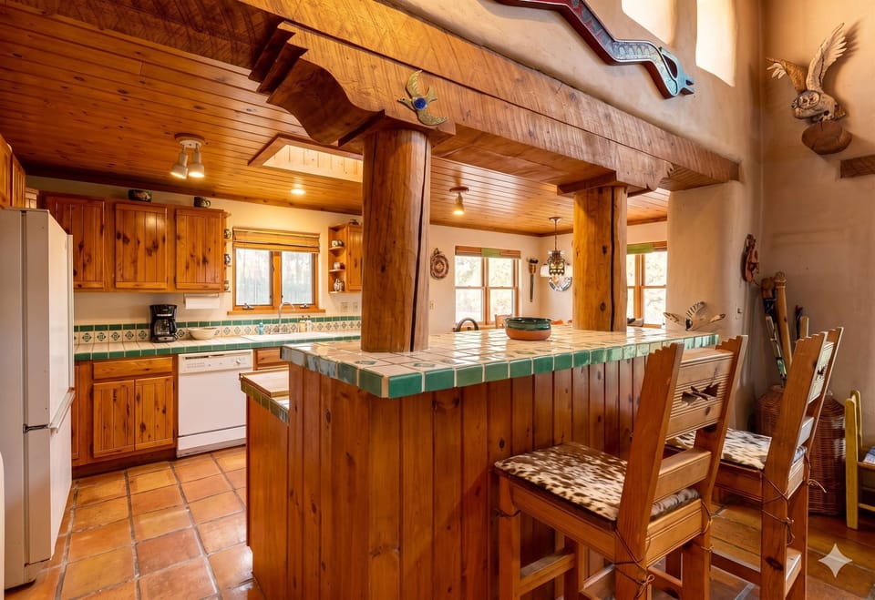 Pull up a stool at the tile-topped breakfast bar