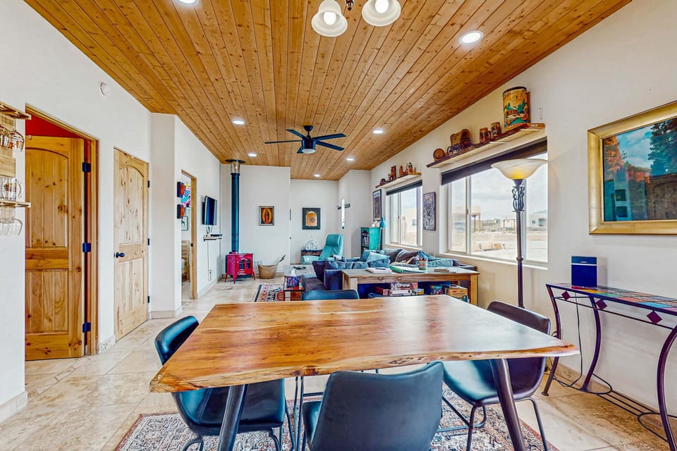 Warm up by the cast-iron wood stove in the open living area