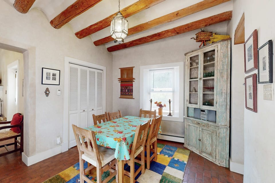 A vintage hutch adds character to the dining room