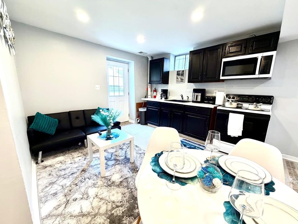 Full view of the kitchen and dining area