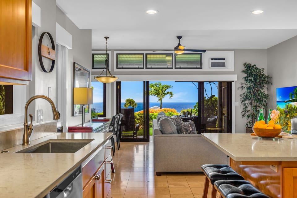 Kitchen open to living and ocean views