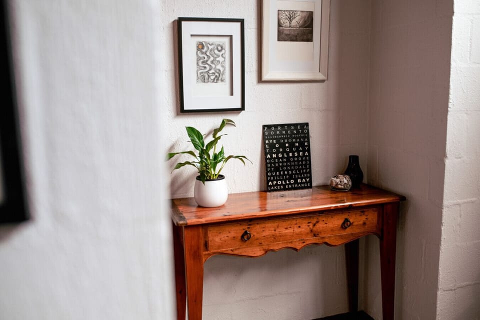 Another angle of the styled entry nook, warm details and inviting charm