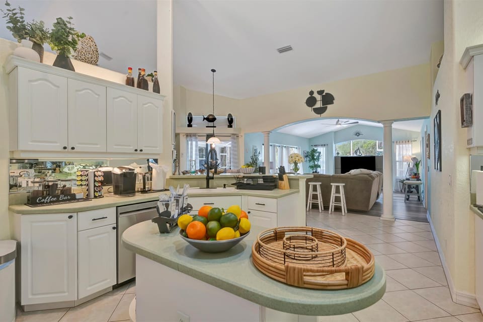 Kitchen island with fresh fruit and prep space