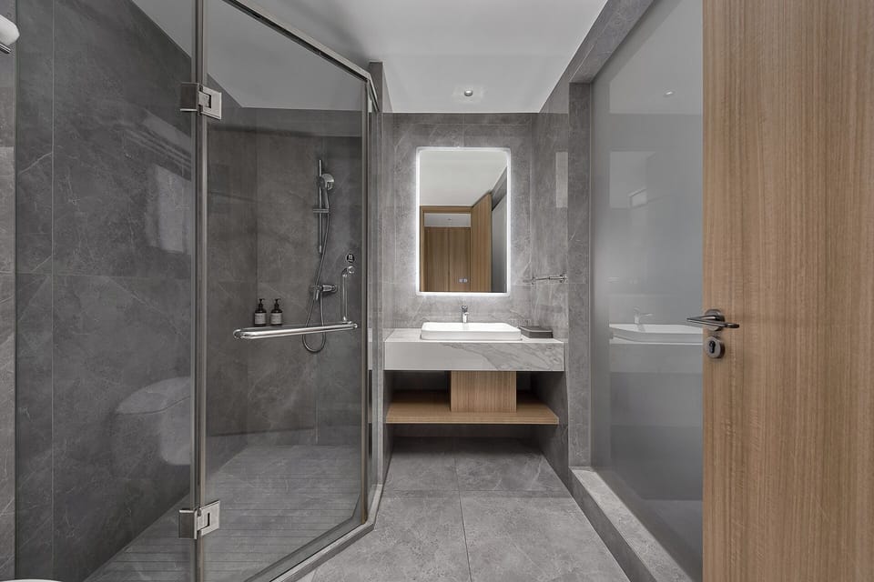 Business Double Room, City View | Bathroom | Shower, rainfall showerhead, free toiletries, hair dryer