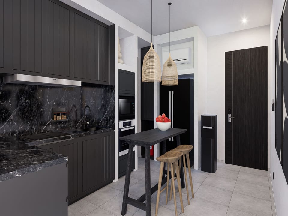 Full-size fridge, microwave, oven, stovetop
