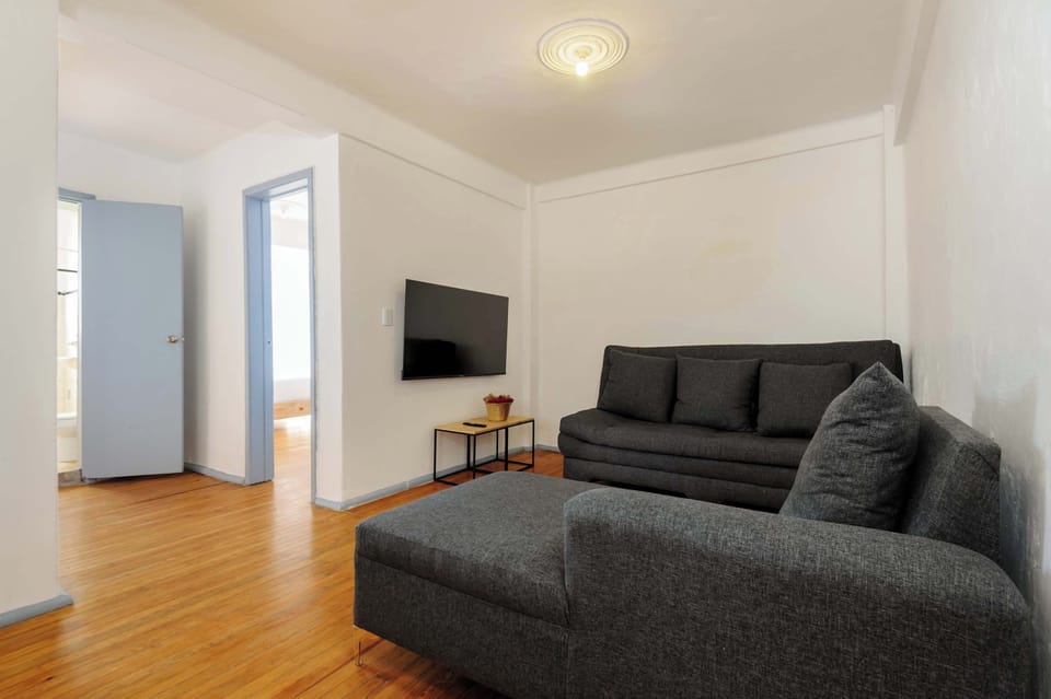 Living Room with TV and a Sofa Bed