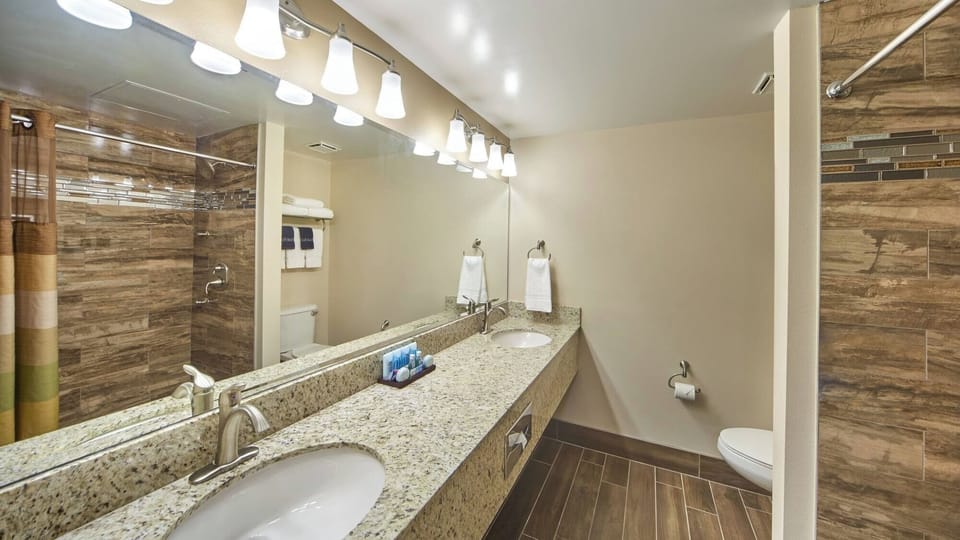 Savor a clean, modern bath with granite counter space.